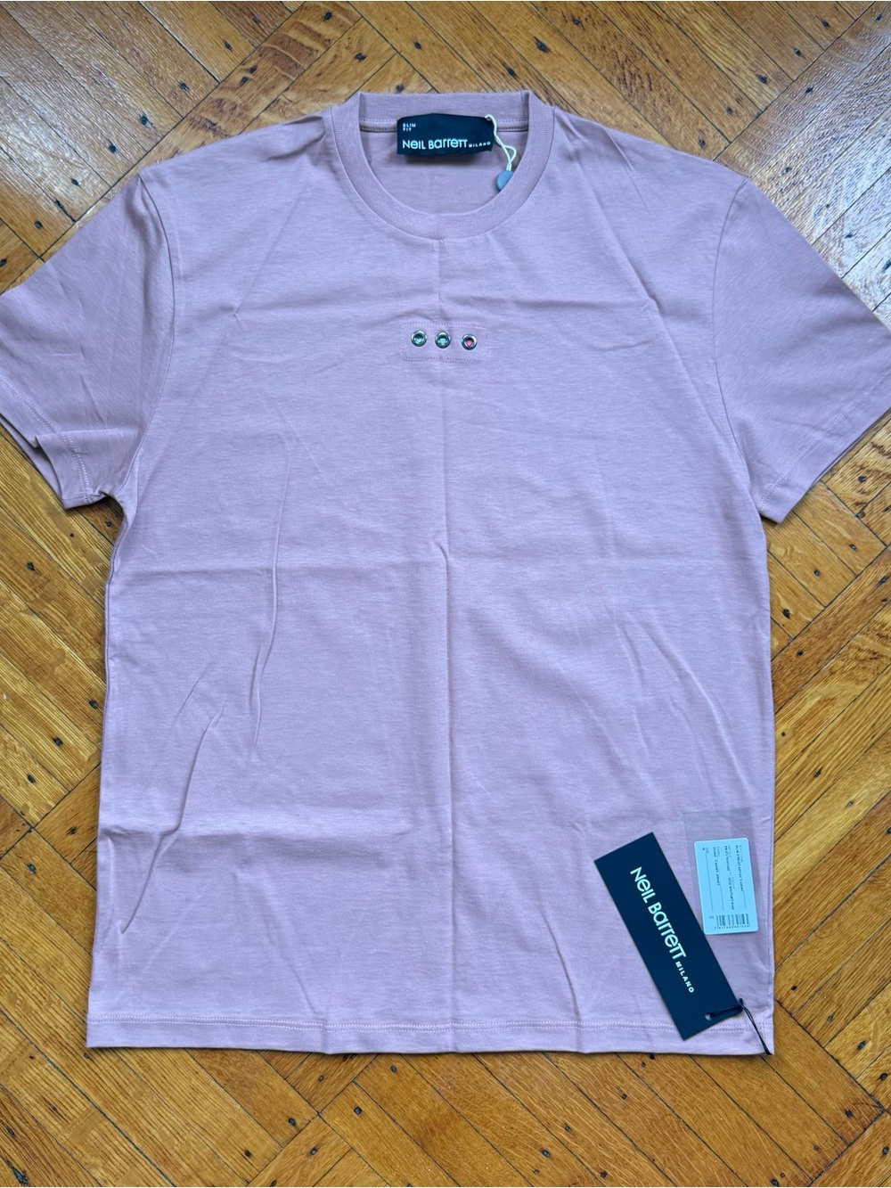 Neil Barrett Pale Pink Short Sleeve Crewneck Tee with Minimal Embroidered Detail